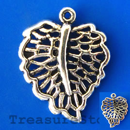 Charm/pendant, silver-plated, 18x22mm filigree leaf. Pkg of 8.