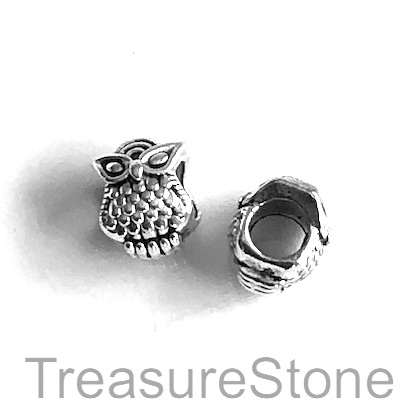 Bead, antiqued silver-finished,large hole, 8x10mm owl. Pkg of 8.