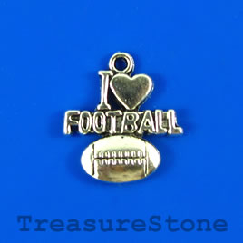 Charm/pendant, silver-plated, 18mm (I love FOOTBALL). Pkg of 4