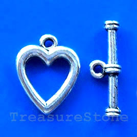 Clasp, toggle, silver-finished, 15x18mm heart. Pkg of 8 pairs