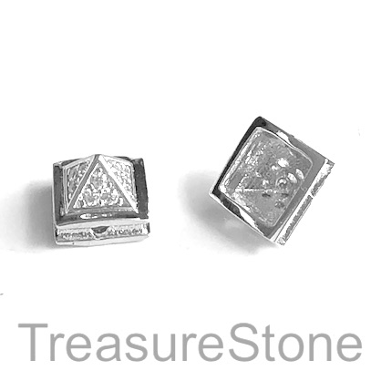 Micro Pave Bead, brass, silver, 7x10mm pyramid. Each