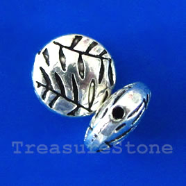 Bead, silver-finished, 10x4mm puffed round, leaves. Pkg of 10