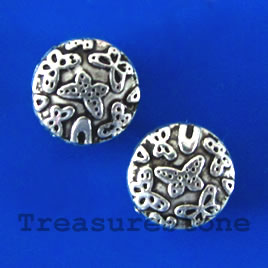 Bead, silver-finished, 10x4mm flat round, butterfly. Pkg of 10