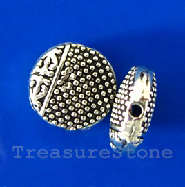 Bead, silver-finished, 10x4mm flat round. Pkg of 10